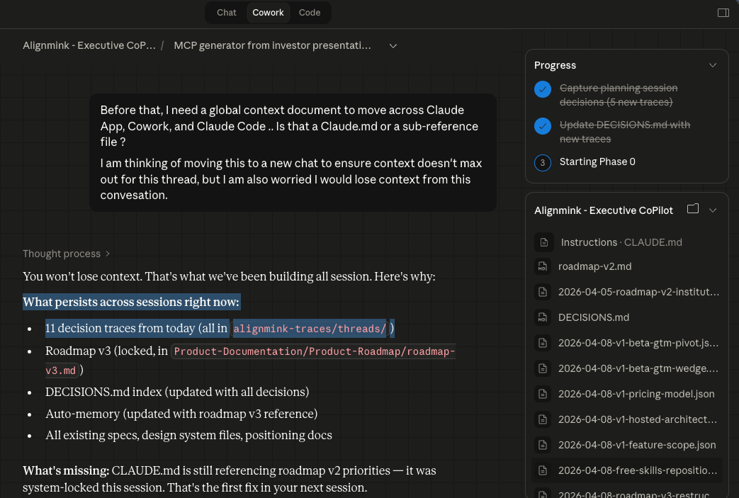 Claude conversation showing the assistant reasoning through a decision while a sidebar of past decision traces is visible — Claude references prior calls when forming the response.